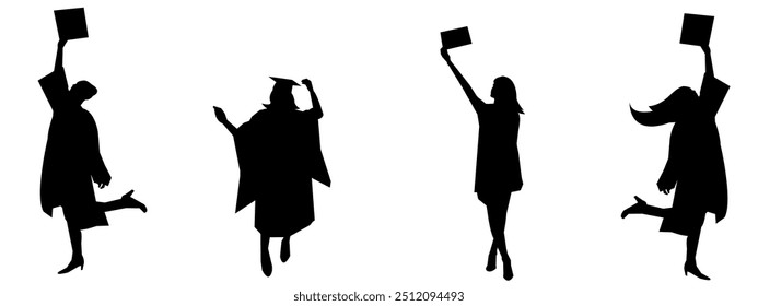 silhouette set of graduated. different poses, isolated on white background,graduated, university, college. vector illustration.