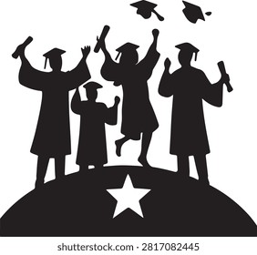 Silhouette set of graduating students in gowns and caps celebrating their academic achievement, isolated on a symbol of success and new beginnings