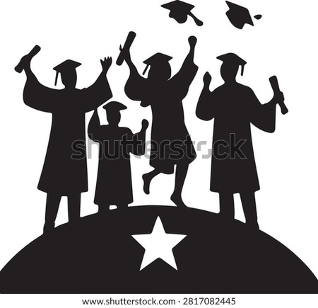 Silhouette set of graduating students in gowns and caps celebrating their academic achievement, isolated on a symbol of success and new beginnings