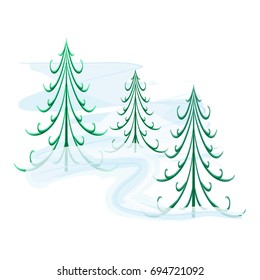 Silhouette set green spruce on white background. Christmas tree isolated. Colorful template for prints, textiles, card, wallpaper. Isolated graphic element. Flat vector image. Vector illustration