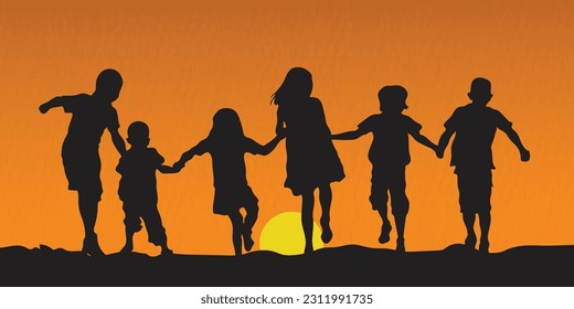 Silhouette set of a group of children running by holding each others hand. evening background