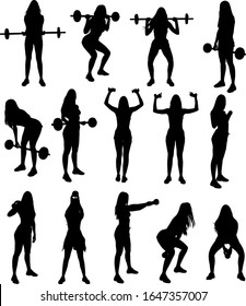 Silhouette set of gym fitness weight lifting exercises young attractive woman. Vector illustration. 