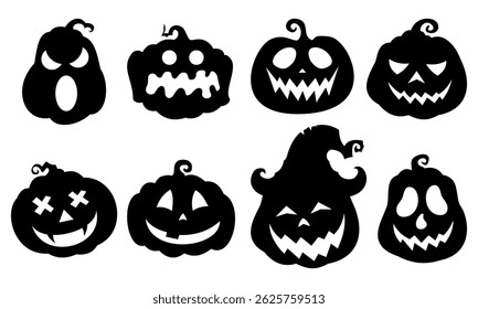 A silhouette set of Halloween pumpkin vector horror on white background, Jack-o-Lantern on white background. Scary pumpkin.