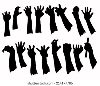 Silhouette set of hands in many gesture on white. vector drawing