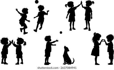 Silhouette Set of Happy Kids Playing Together with Dog and Ball
