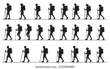 Conjunto de siluetas de caminantes: secuencia de animación cuadro por cuadro de hombres y mujeres con mochilas