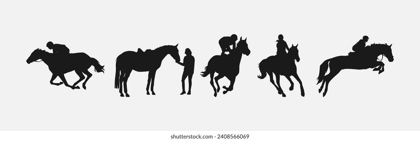 silhouette set of horse and jockey with action, different poses. equestrian sport, dressage, show jumping, horse racing. vector illustration.