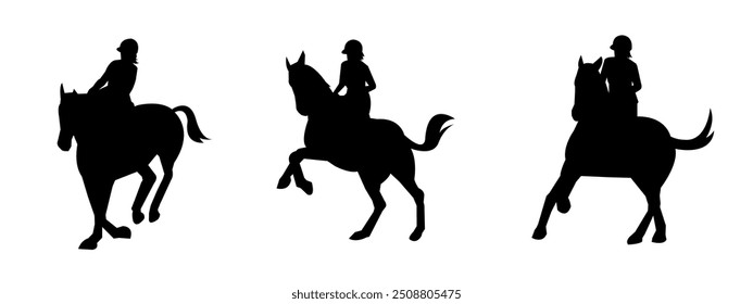 silhueta conjunto de cavalo e jóquei com ação, poses. esporte equestre, corrida de cavalos. ilustração vetorial.