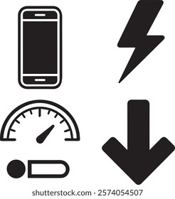 silhouette set of icons smartphone, speedometer and download arrow vector