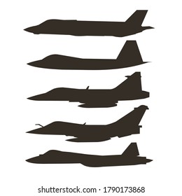 silhouette set of jetfighter side view vector design. isolated graphic jet plane