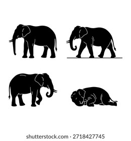 Silhouette set of large elephants with trunks and tusks walking.