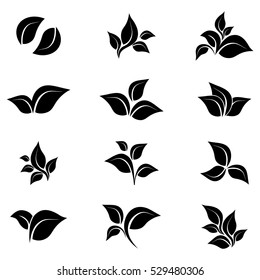 Silhouette set of leaves icons isolated on white background. Vector illustration.