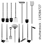 Silhouette set of long handled gardening tools