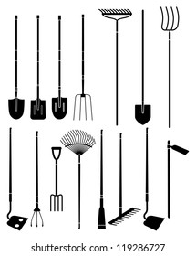 Silhouette set of long handled gardening tools