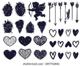 Silhouette set of love elements for Valentines Day holiday. Romantic illustration for wedding invitations, greeting cards, scrapbooking, print and party design