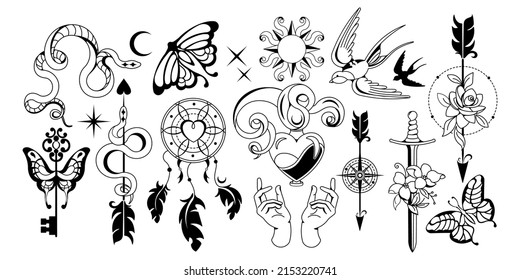 Silhouette set of magic and celestial symbols. Mystical signs, prints, stickers. Vector graphic illustration of crescent moon, dream catcher, sun, stars. Esoteric aesthetics.