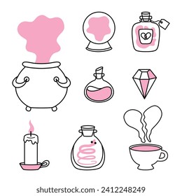 Silhouette set of magic elements in pink doodle cartoon style. Cauldron, magic ball, potion, crystal, candle design elements.