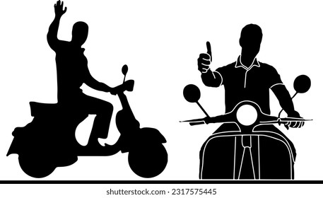 Conjunto de siluetas de un hombre que saludaba alegremente mientras conducía una moto, hombre de humor alegre saludando en una moto, hombre sonriente saludando en una moto