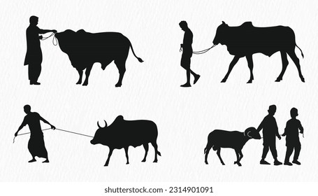 Silhouette set of man walking with Qurbani cow and goat  