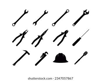 Silhouette-Set-Mechanikwerkzeuge Symbol auf weißem Hintergrund