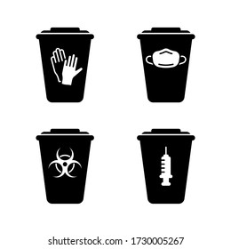 Silhouette Set Of Medical Waste Containers. Special Box For Disinfection Or Utilization Of Disposable Gloves, Face Mask, Syringe, Biohazard. Outline Emblem Of Trash Can With Lid. Isolated Vector Icon