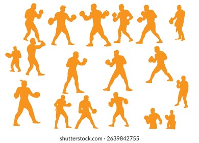  Silhouette set of mixed martial art mma fighter. Muay thai, wrestling, jujitsu, kick boxing, taekwondo and boxing. Vector illustration