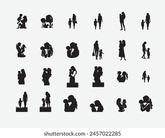 Silhouette set of a mother and son on white background