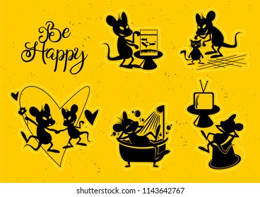Silhouette set mouse life. Be happy. Set 6.