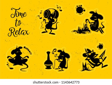 Silhouette set mouse life. Time to relax. Set 4.