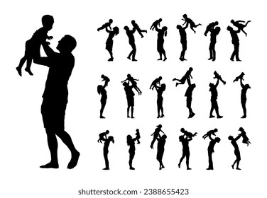 Silhouette set of parents playing and lifting children up vector illustration.