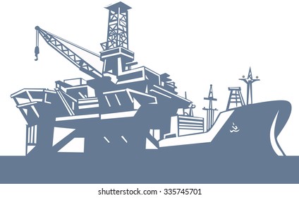 Silhouette . Set of patterns . Ship . Crane . Berth .