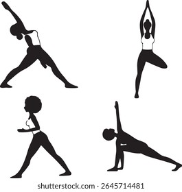 silhueta conjunto de pessoas exercitando fitness ioga dança ginástica vetor ilustração