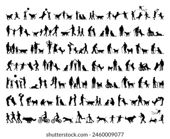 Silhouette set of people indoors outdoors activities with dogs vector illustration. Group people all ages activities with dogs vector silhouette set collection.		