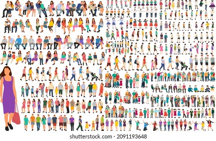 silhouette set people sit, men and women, walk stand in flat style, isolated, vector