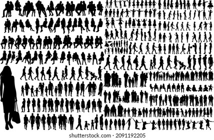 silhouette set people sitting, men and women, walking stand, isolated, vector