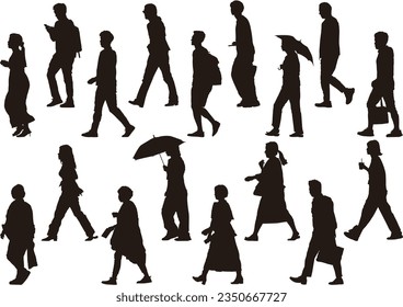 Silhouette set of people walking in the city