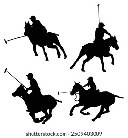 silhueta conjunto de jogador de polo d esporte, cavalo, competição. ação diferente, pose. ilustração vetorial.