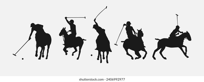 Silhouette Set von Polospieler. Sport, Pferd, Wettbewerb. andere Aktion, Pose. Vektorgrafik.