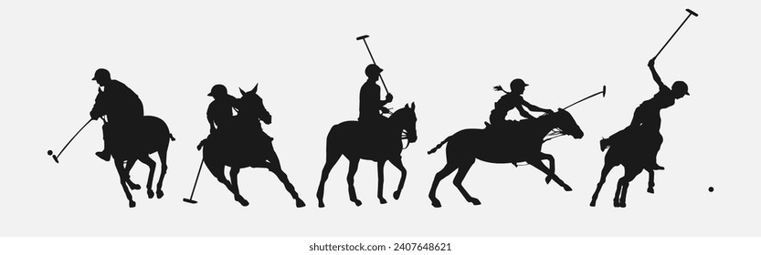 silhouette set of polo player. sport, horse, competition. different action, pose. vector illustration.