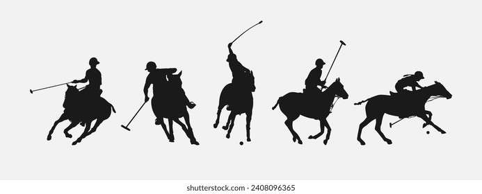 Silhouette Set von Polospieler. Sport, Pferd, Wettbewerb. andere Aktion, Pose. Vektorgrafik.