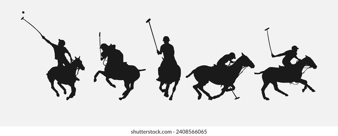 juego de siluetas de un jugador de polo. deporte, caballo, competencia. acción diferente, pose. ilustración vectorial.