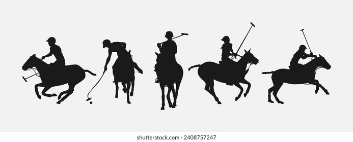 silhouette set of polo player. sport, horse, competition. different action, pose. vector illustration.