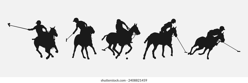 Silhouette Set von Polospieler. Sport, Pferd, Wettbewerb. andere Aktion, Pose. Vektorgrafik.