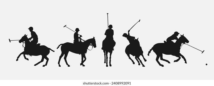 juego de siluetas de un jugador de polo. deporte, caballo, competencia. acción diferente, pose. ilustración vectorial.