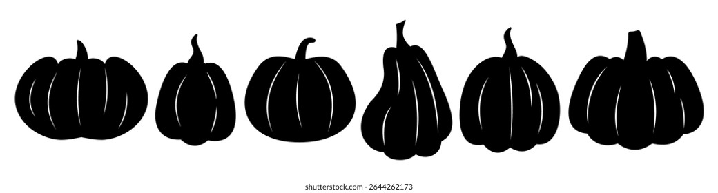Silhouette Set of Pumpkins and Gourds. Black Halloween and Autumn Harvest Decorative Elements. Vector Isolated Icons of Various Pumpkin Shapes for Seasonal Designs and Holiday Projects