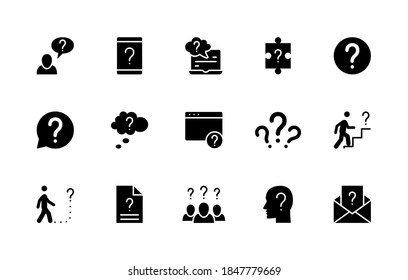 Silhouette set of question related vector icons. Contains icons such as problem, mystery, task, puzzle, secret, question mark and more. Collection symbols of questions for the web. Editable stroke.