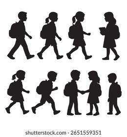 Silhouette set of school children walking, talking, and greeting each other with backpacks – symbol of back-to-school, learning, and childhood friendship.