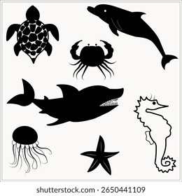 Silhouette set of sea animals including shark, dolphin, crab, jellyfish, turtle, starfish, seahorse for marine life designs, kids crafts, educational materials, ocean-themed decorations
