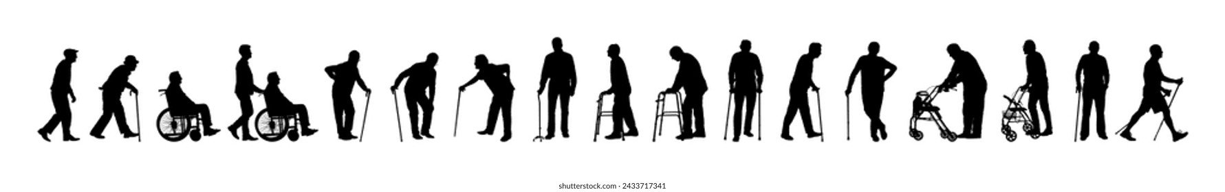 Silhouette set of senior old man with walking aid flat vector collection.