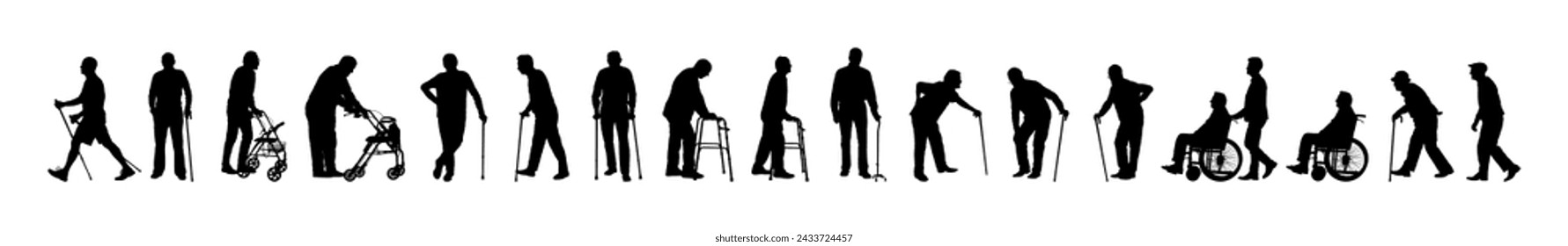 Silhouette set of senior old man with walking aids vector collection.